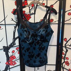 Ruby Ribbon 42 DD Plus Fitted Camisole Shapeware Black Blue Lace Floral Top